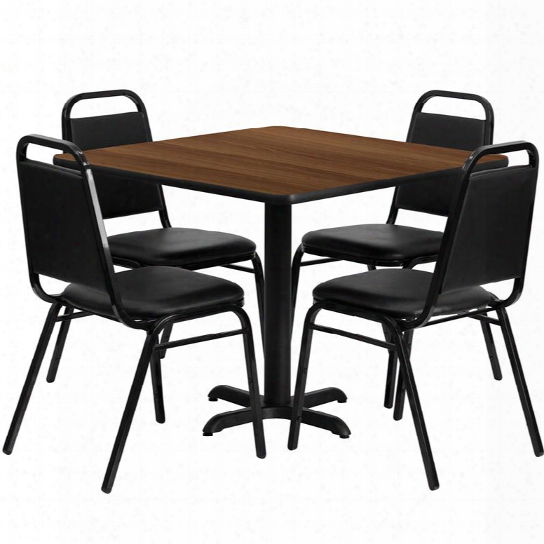 Hdbf1012-gg 36' Square Walnut Laminate Table Set With Black Trapezoidal Back Banquet Chairs Seats