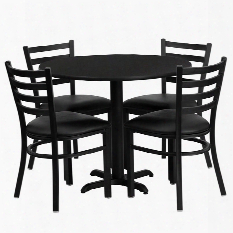 Hdbf1029-gg 36' Round Black Laminate Table Set With Ladder Back Metal Chair And Black Vinyl Seat Seats