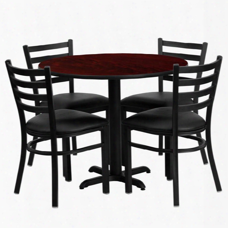 Hdbf1030-gg 36' Round Mahogany Laminate Table Set With Ladder Back Metal Chair And Black Vinyl Seat Seats