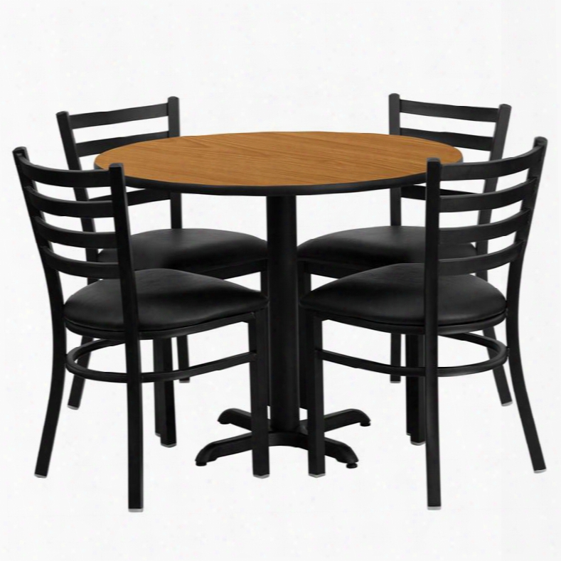 Hdbf1031-gg 36' Round Natural Laminate Table Set With Ladder Back Metal Chair And Black Vinyl Seat Seats
