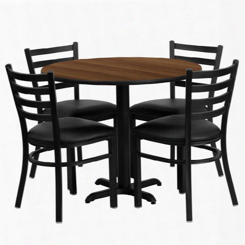 Hdbf1032-gg 36' Round Walnut Laminate Table Set With Ladder Back Metal Chair And Black Vinyl Seat Seats