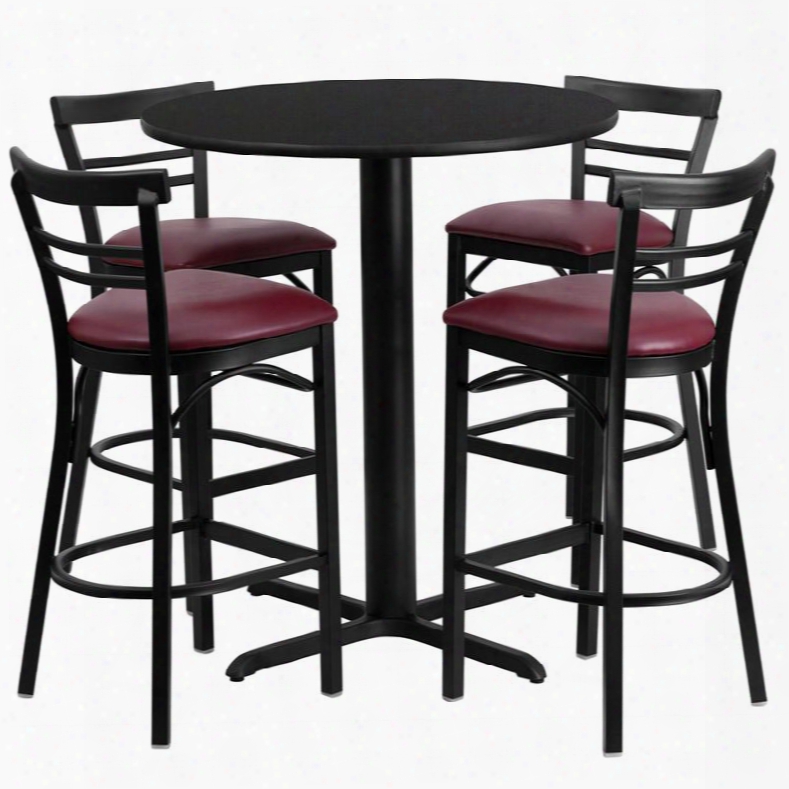 Hdbf1037-gg 24' Round Black Laminate Table Set With Ladder Back Metal Bar Stool And Burgundy Vinyl Seat Seats