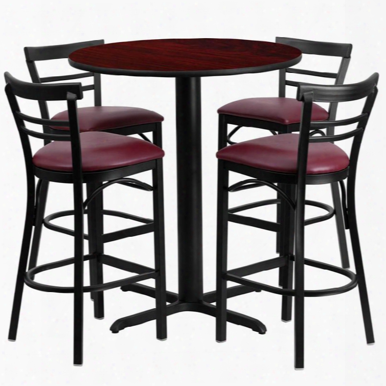 Hdbf1038-gg 24' Round Mahogany Laminate Table Set With Ladder Back Metal Bar Stool And Burgundy Vinyl Seat Seats