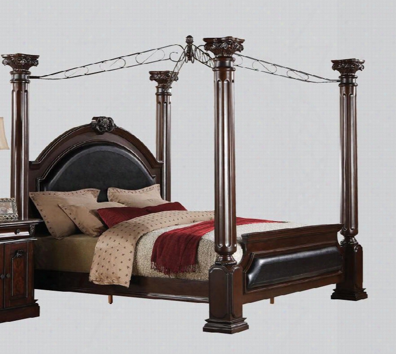 Roman Empire Collection 19326ck California King Size Canopy Bed With Black Pu Leather Uph0lstery Poplar Wood And Birch Veneer Materials In Dark Cherry