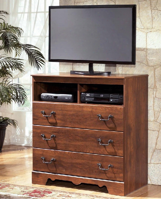 Timberline B258-39 38" 3-drawer Media Chest With Open Compartments Side Roller Glides And Decorative Hand Pulls In Warm