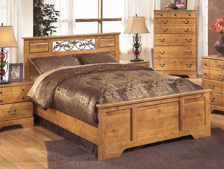 Bittersweet B219-51/55/98 Queen Size Panel Bed With Tube Metal Vine Decorative Inserts And Replicated Rustic Pine Grain In Light