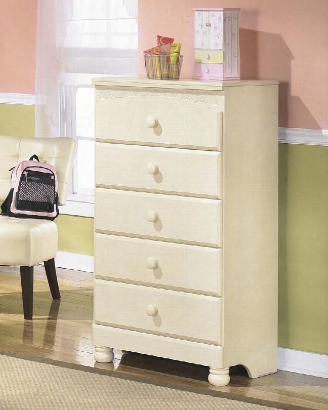 Cottage Retreat Collection B213-46 28" 5-drawer Chest With Side Roller Glides Graphic Leaf Design And Bun Feet In Cream Cottage