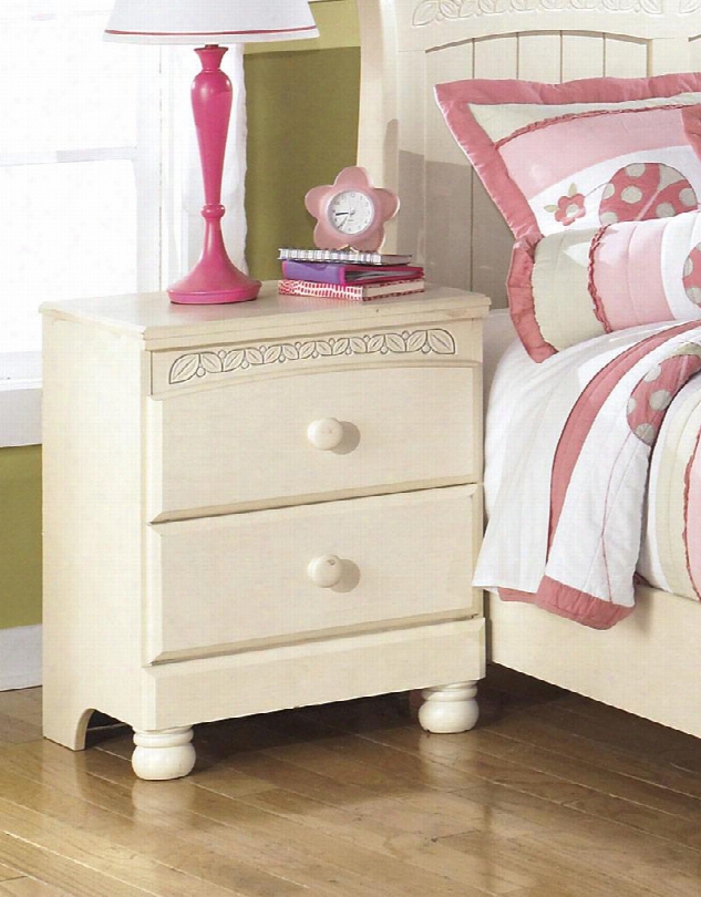 Cottage Retreat Collection B213-92 21" 2-drawer Nightstand With Side Roller Glides Graphic Leaf Design And Bun Feet In Cream Cottage