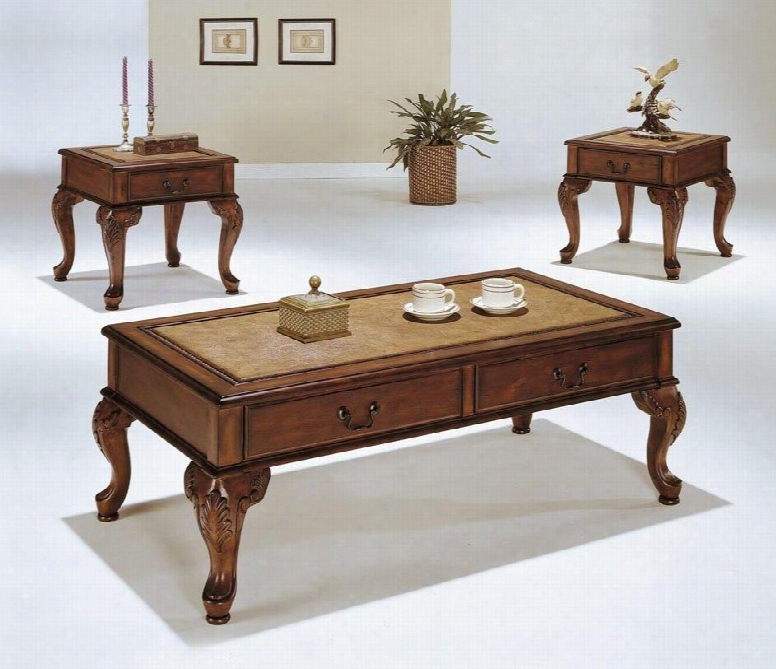 09652 Trudeau 3 Pc Table Set With Storage Drawers Inlaid Table Tops Carved Apron Cabriole Legs And Antique Brass Hardware In Cherry