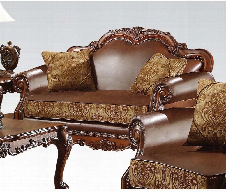 15161 Dresden Loveseat With 2 Pillows Tight Back Carved Detailing Nail Head Accents Loose Seat Cushions Brown Pu Leather And Chenille Fabric Upholstery In