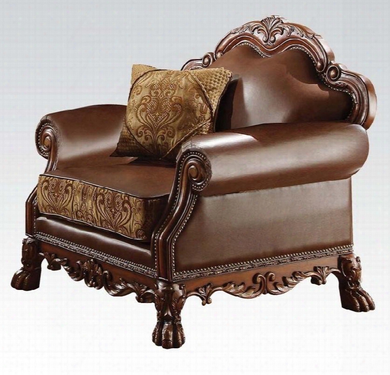 15162 Dresden Chair With Accent Pillow Included Decorative Nail Head Trim Brown Pu Leather And Chenille Fabric Upholstery In Cherry Oak