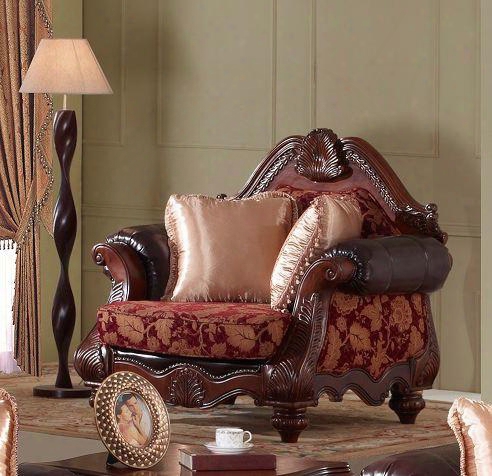 672-c Traditional Solid Wood Armchair Red Fabric Upholstery With Tan Leaf