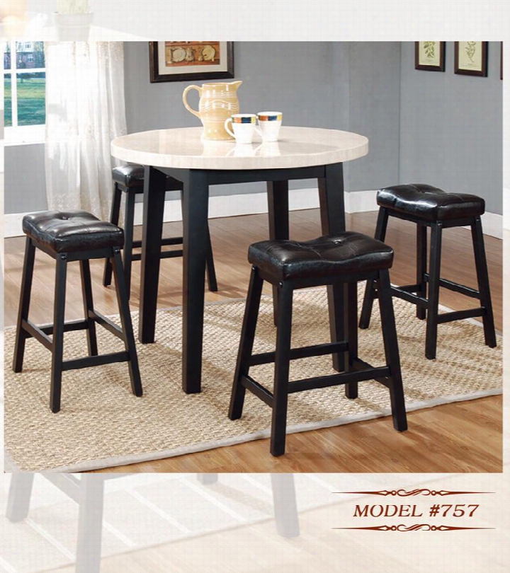 757 Round Counterheight Dinette With Cream  Top And 4 Bar Stools In Black Pu Leather