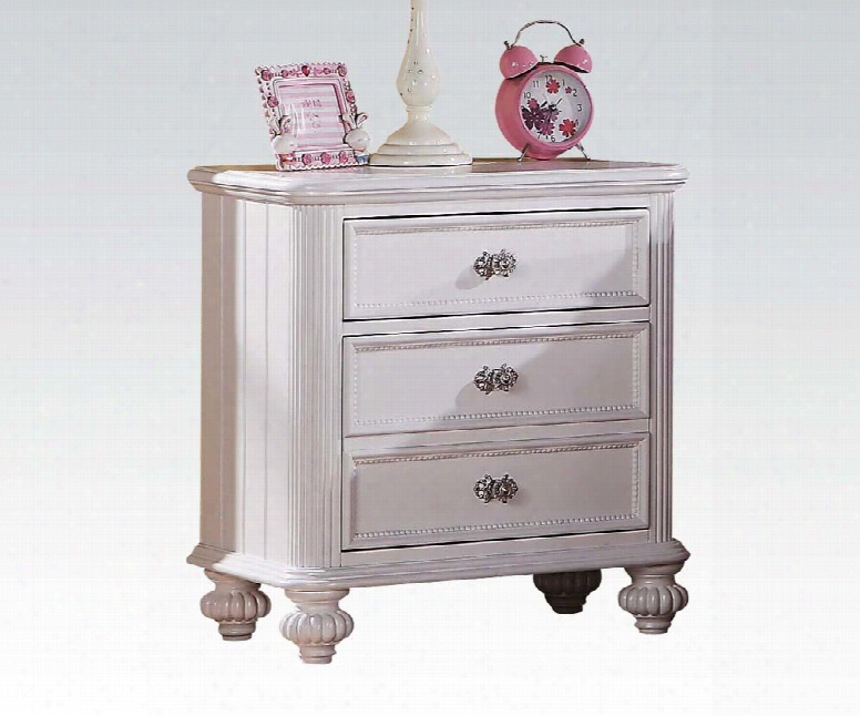 Athena 30009 26" Nightstand With 3 Drawers Decorative Glass Knobs Felt Lined Top Drawer Turned Legs Dovetail French Front And English Back In White