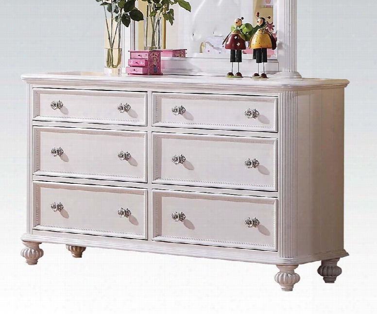 Athena 30011 56" Dresser With 6 Drawers Decorative Glass Knobs Felt Lined Top Drawer Turned Legs Dovetail French Front And English Back In White