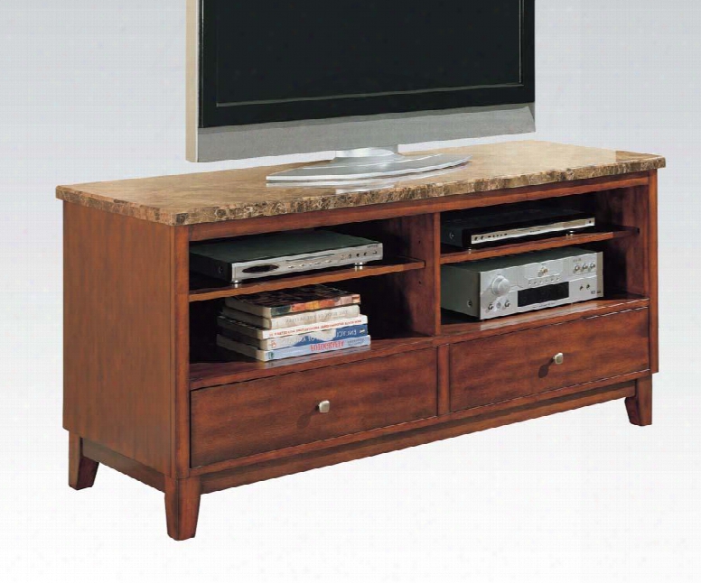 Bologna Collection 07094 Tv Console With 2 Drawers 4 Open Shelves Tapered Legs And Brown Faux Marble Top In Brown Cherry