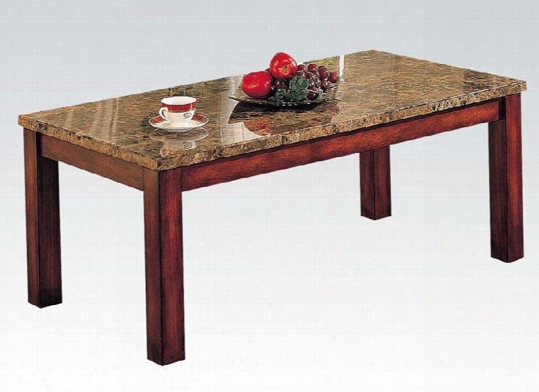 Bologna Collection 07372 50" Coffee Table With Brown Marble Top Bottom Base Panel And Solid Block Legs In Brown Cherry