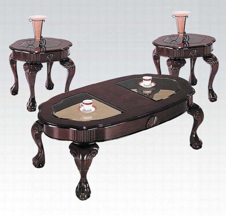 Canebury Collection 08195 3 Pc Living Room Table Set Wit Smoky Glass Insert Curved Shape Top Apron Shell Design Claw Leg And Wingcurve In Cherry