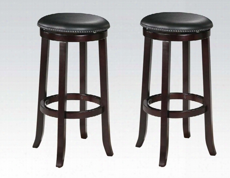 Che Lsea Collection 04733 29" Set Of 2 Bar Stools With Swivel Seat Nail Head Trim Flared Legs Footrest Ring And Blacck Pu Leather Upholstery In Espresso