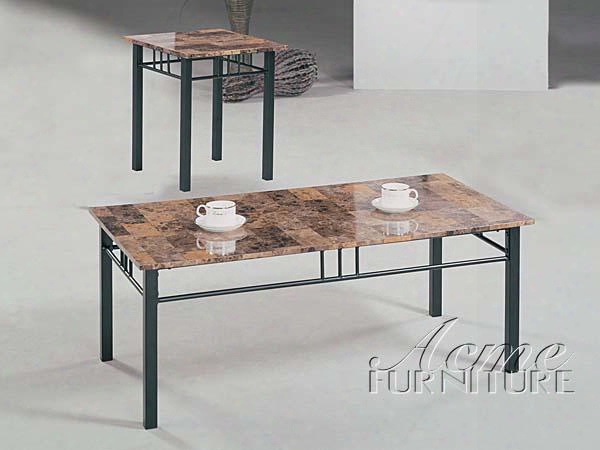 Crossville 06783 3 Pc Coffee And End Table Set With 1 42" Coffee Table 2 18" End Tables Brown Faux Marble Tops Black Metal Frame Apron Detail. Square Legs
