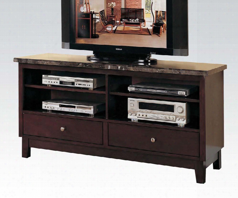 Danville 07093 60" Tv Stand With 2 Drawers 4 Open Compartments Black Marble Top Metal Hardware And Wood Construction In Walnut