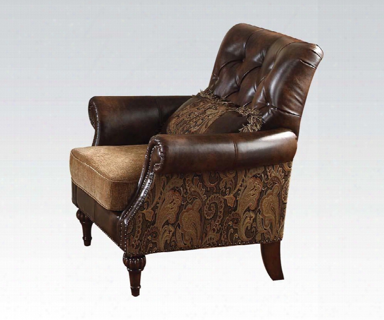 Dreena 05497 40" Living Room Chair With Throw Pillow Loose Seat Cushion Button Tufted Back Chenille And Pu Leather Upholstery In Brown