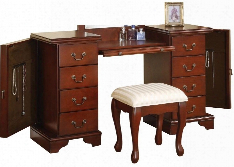 Louis Philippe Collection 06565 54" Vanity Desk With 8 Drawers 1 Tray 2 Side Jewelry Storage Metal Hardware Stool Included And Fabric Seat  Cushion In Brown