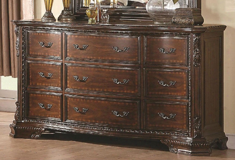 Maddison 202263 68" 9-drawer Dresser With Ornate Carved Details Serpentine Curved Front And Antique Finished Handles In Cappuccino