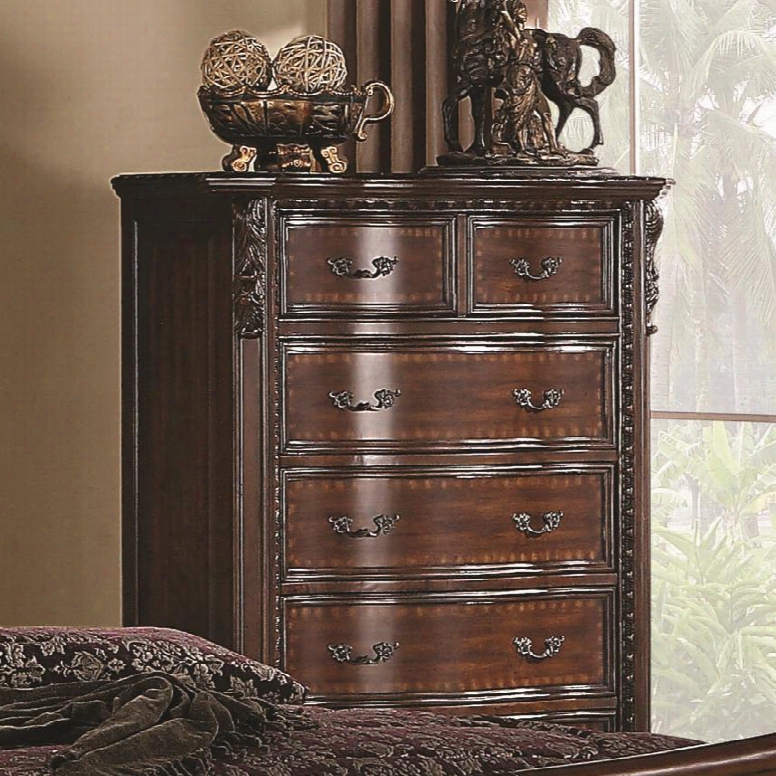 Maddison 202265 41.75" 6-drawer Chest With Ornate Carved Details Serpentine Curved Front And Antique Finished Handles In Cappuccino
