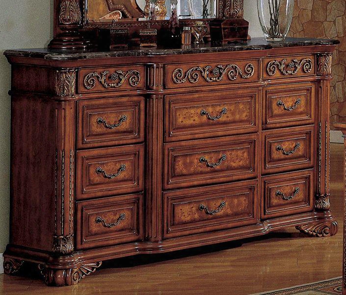 Royal Royal-d 72" 12-drawer Dresser With Marble Top Decorative Hardware And Hand Carved Details In Dark Wood