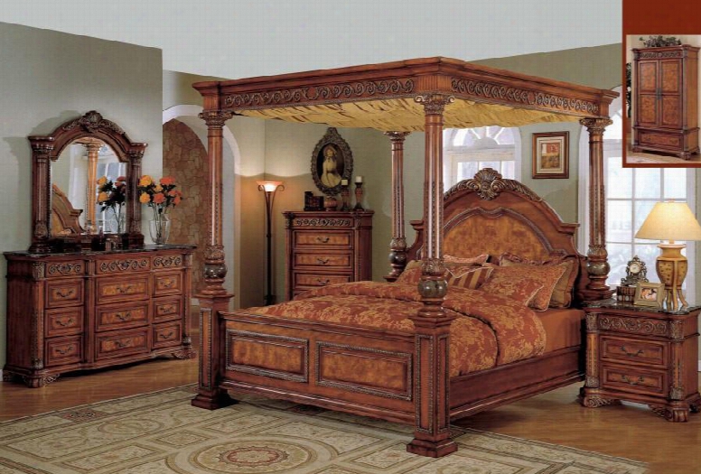 Royal Royalpostqset 5-piece Bedroom Set With Queen Sized Canopy Bed + 2 Nightstands + Dresser + Mirror In Dark Wood