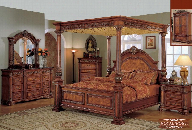 Royalpanelqset Royal Cherry Finished Queen Sized Panel Bed + 2 Nightstands + Dresser +