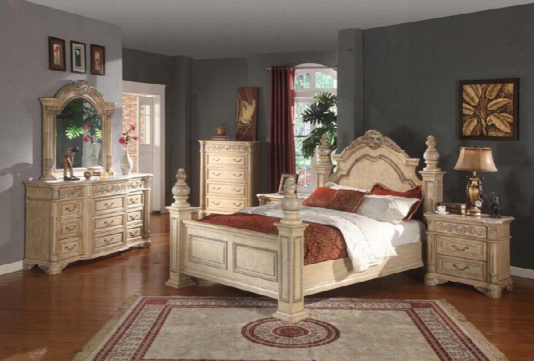 Siennapostqset Sienna White Finished Queen Sized Poster Be D With Marble Posts + 2 Nightstands + Dresser +