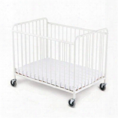 Stowaway Collection 1231090 40" Easyroll Compact Folding Crib With 4" Casters And 3" Thick Foam Mattress White Powder Coated Tubular Steel Frame In