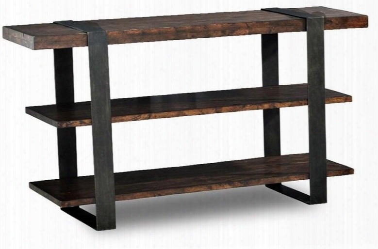 Timber Forge 444825 54" Console Table With 2 Metal Straps 2 Storage Shelves And Reclaimed Rubber Wood Construction In Charred Whiskey-barrel