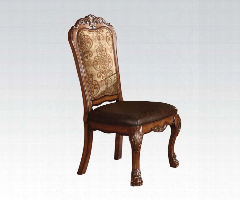 60012 19" Dresden Pu Leather And Fabric Upholstered Side Chair With Carved Detailing And Cabriole Legs In Cherry Oak