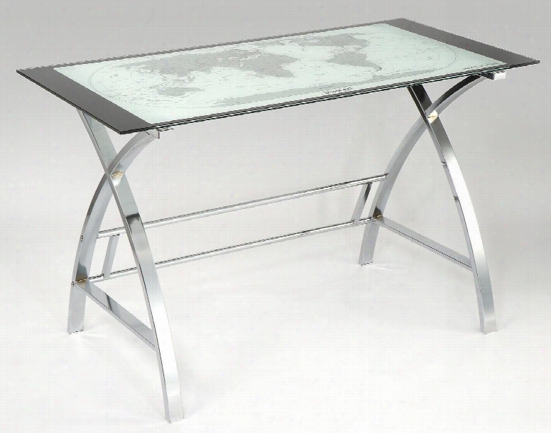 942-240 30" Computer Desk With World Map Print Under A Durable Glass Top And Chrome Plated Metal