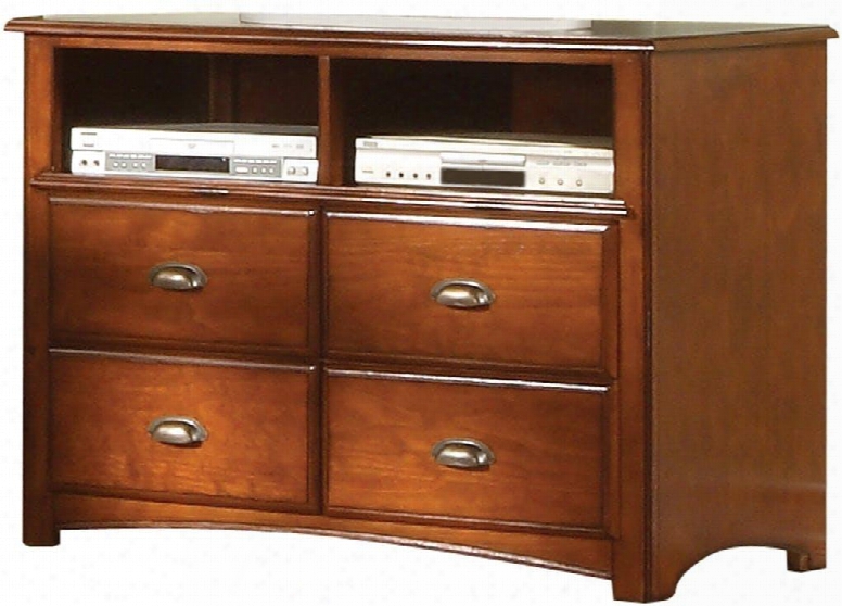 Brandon Collection 11017 44" Tv Console With 4 Drawers 2 Open Compartments Brass Metal Hardware And Pine Wood Construction In Antique Oak