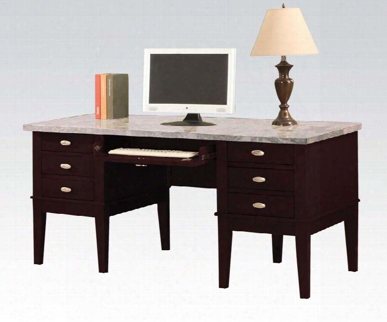 Britney 92008 60" Computer Desk Upon 6 Drawers Keyoard Tray Marble Top Tapered Legs And Metal Hardware In Espresso