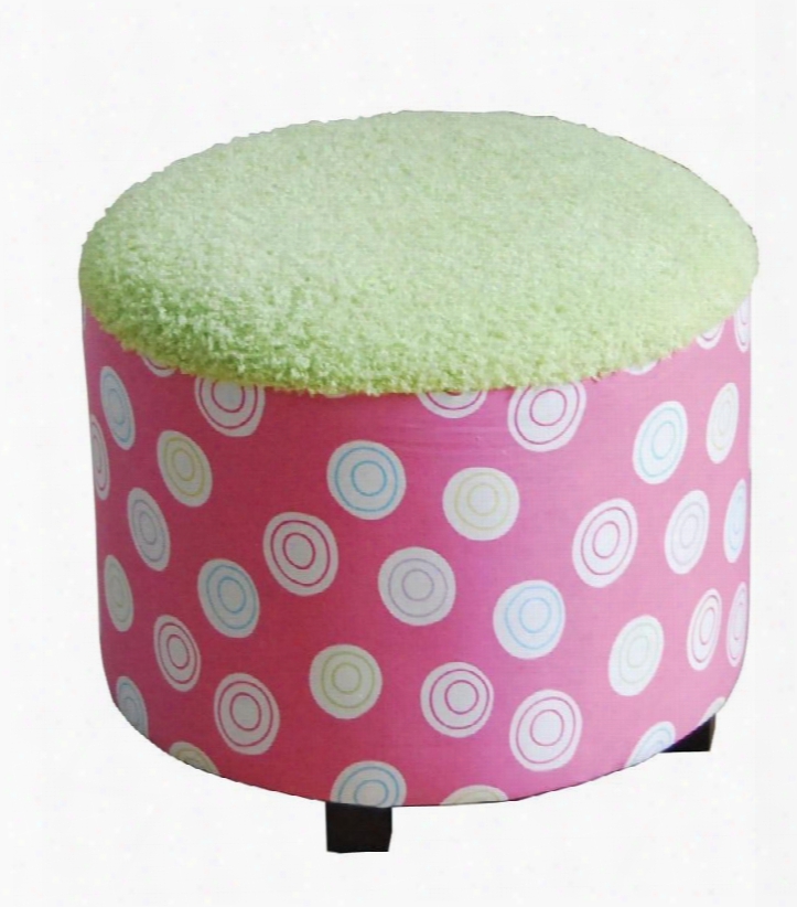 Candy 59042 18" Youth Ottoman With Round Shape Solid Wood Construction And Fabric Upholstery In Green And Pink
