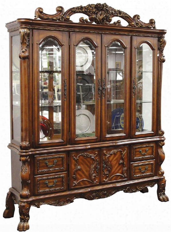 Dresden 12155 74" China Cabinet With 6 Doors 4 Drawers Touch Light Felt Lined Drawers Carved Wood Elements And Aspen Wood Construction In Cherry Oak
