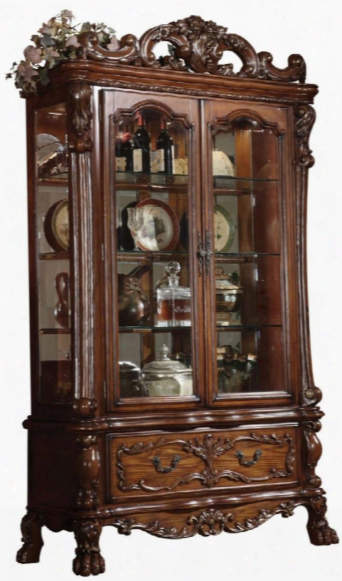 Dresden Collection 12158 51" Curio Cabinet With 2 Glass Doors 3 Glass Shelves 1 Drawer Carved Apron And Medium-density Fiberboard (mdf) In Cherry Oak