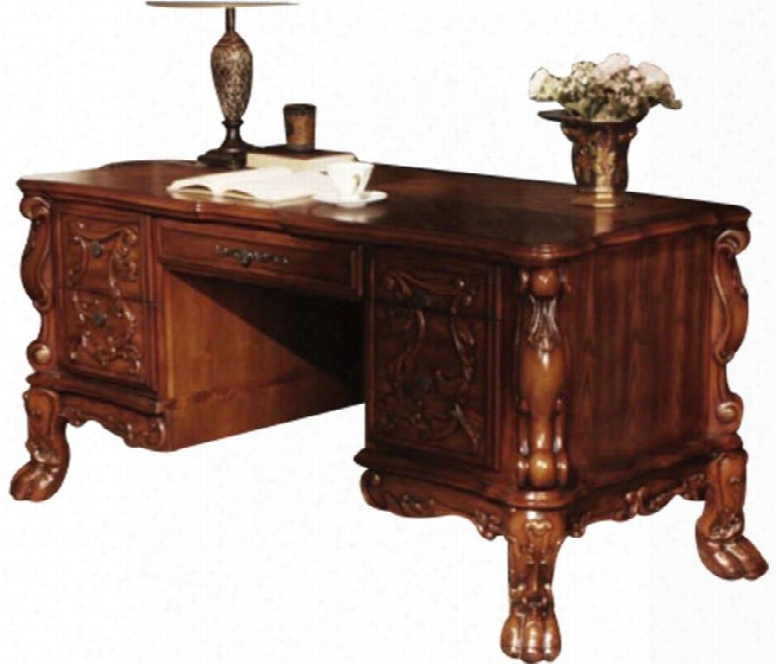 Dresden Collection 12169 72" Executive Desk With 5 Drawers Claw Legs Gold Brush Accent And Veneer Top In Cherry Oak