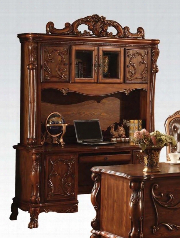 Dresden Collection 12172 72" Computer Desk Annd Hutch With 5 Doors 3 Drawers Carved Crown Metal Hardware And Veneer Surfaces In Cherry Oak