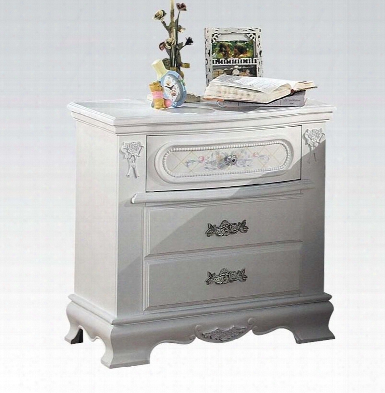 Flora Collection 01663 26" Nightstznd With 3 Drawers Floral Motif Decals Oval Rope Molding And Poplar Solid Wood Construction In White