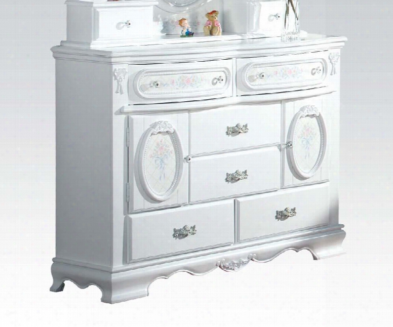 Flora Collection 01665 52" Dresser With 6 Drawers 2 Doors French Dovetail Drawer Front Floral Motif Decals And Poplar Solid Wood Construction In White