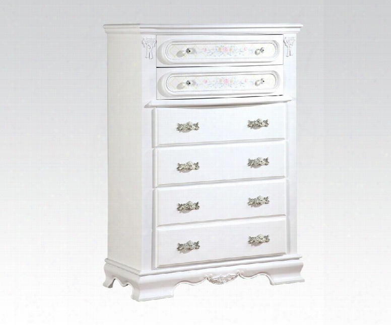 Flora Collection 01666 36" Chest With 6 Drawers Brushed Metal Hardware C Arved Apron Floral Design And Poplar Solid Wood Construction In White