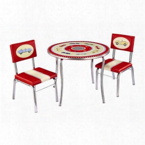 G85802 Retro Racers Children's Table & Chairs Set Hand Stitched Race Car On Chir Backs Red And Yellow Striped Upholstery Vintage Racer Painted Table Top
