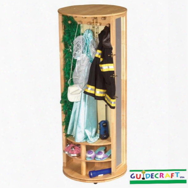 G98101 Chlidren's Dress-up Carousel With Wooden Hanging Pegs 8 Storage Cubbies 2 Mirrors And Storage Bins In Natural Wood