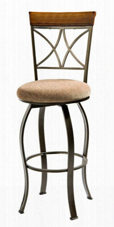 Hamilton Collection 697-481 29" Barstool With Brushed Faux Medium Cherry Wood Diamond Pattern Fabric Seat And Metal Frame In Matte Pewter And Brnze